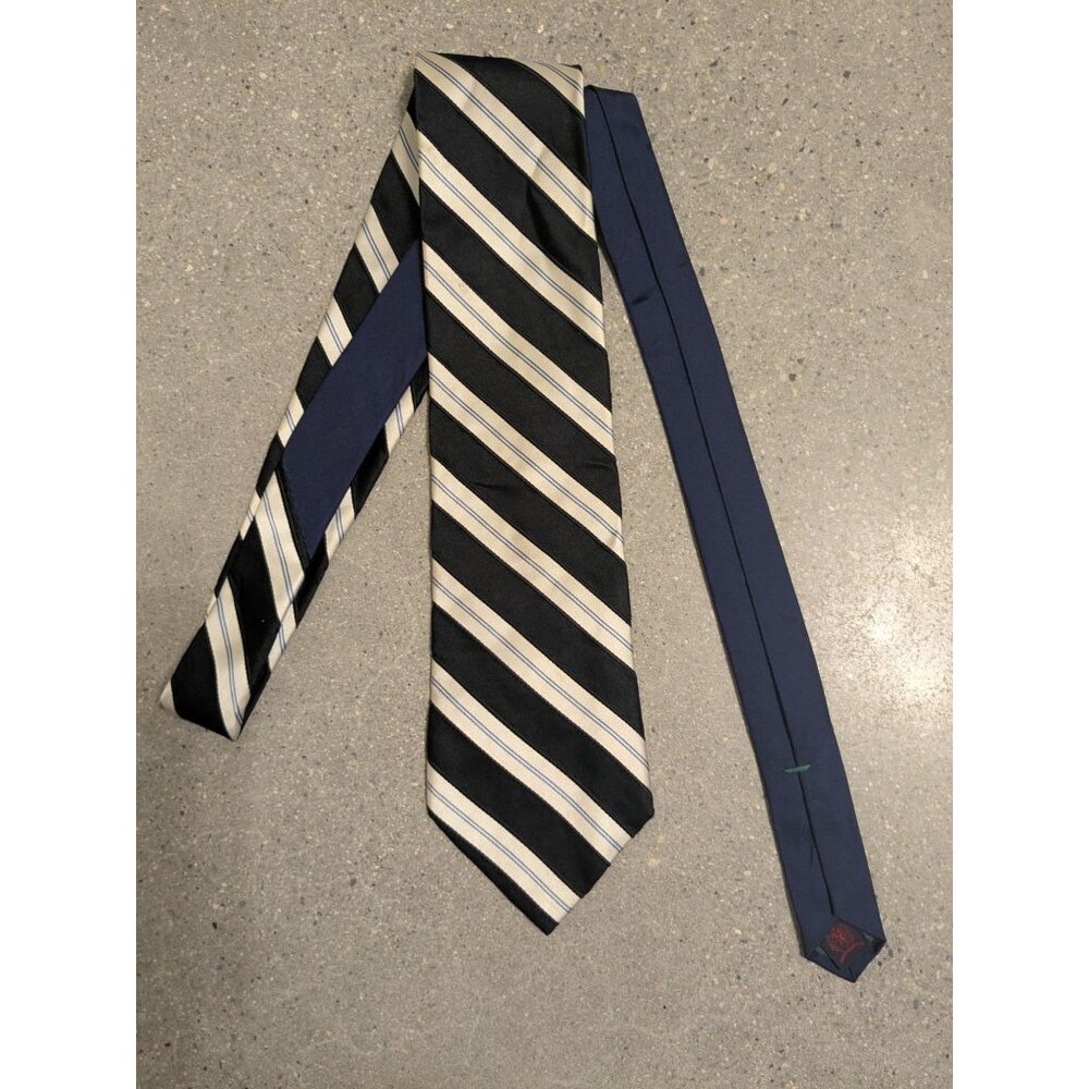 Tommy Hilfiger Mens Striped Silk Tie Black/Beige/Blue 100% Silk Made In USA
